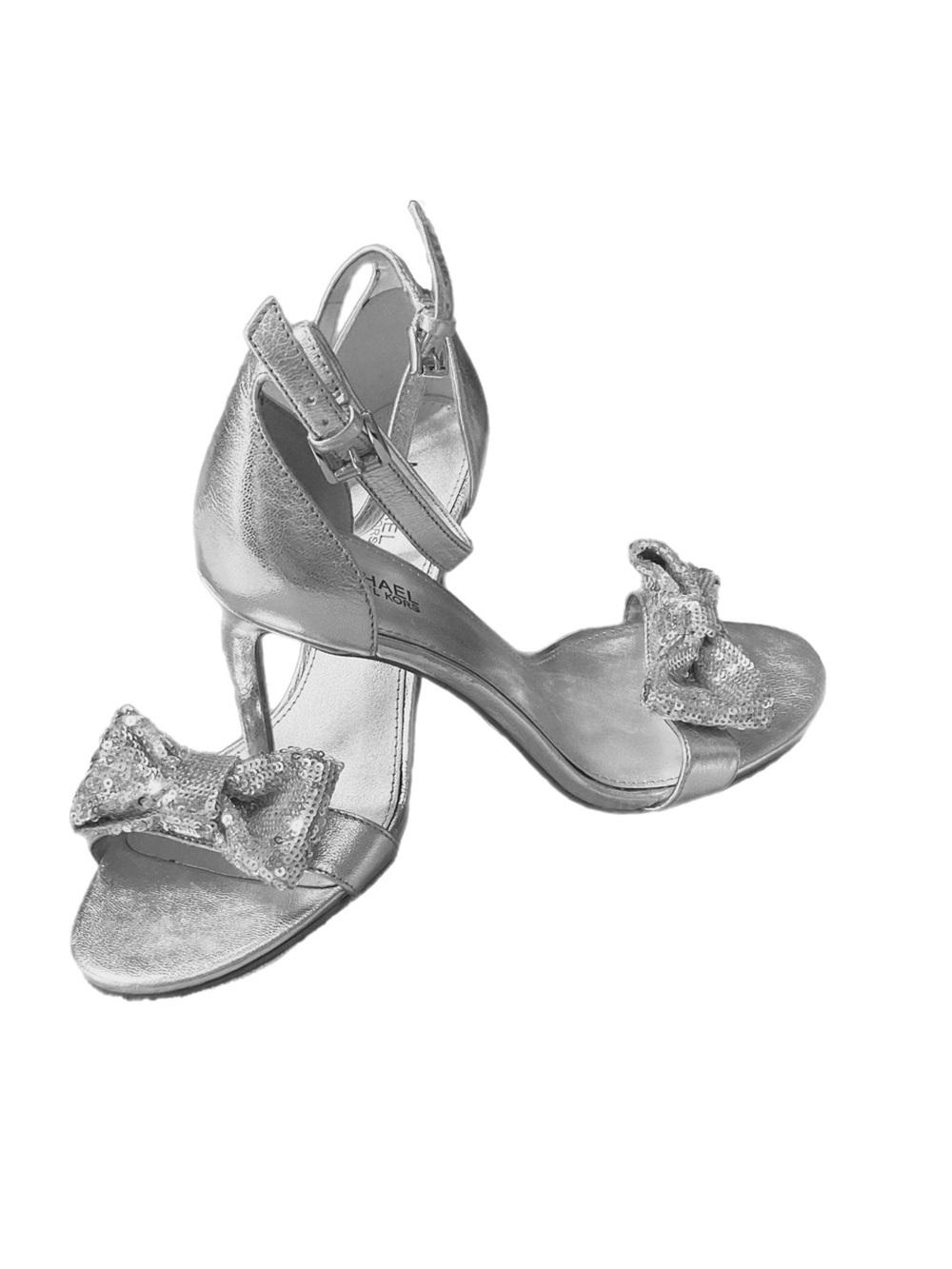 Michael Kors Sz 7 Metallic Silver Sequin Bows Ankle Strap 3 1/2” Stiletto Heel